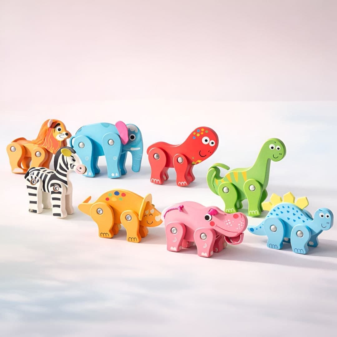 Forest Zoo Wooden Animal Figures – Jointed Safari & Dino Toy Set thumbnail 2