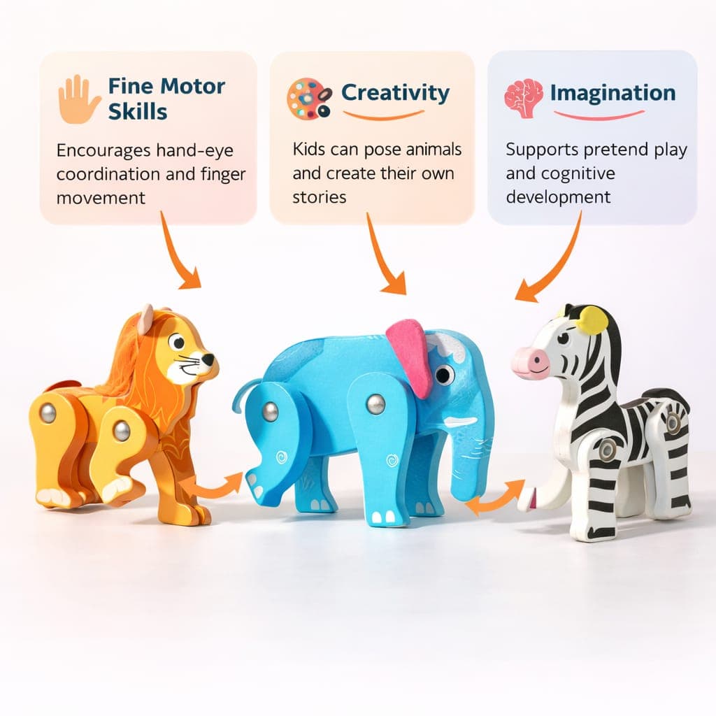 Forest Zoo Wooden Animal Figures – Jointed Safari & Dino Toy Set thumbnail 5