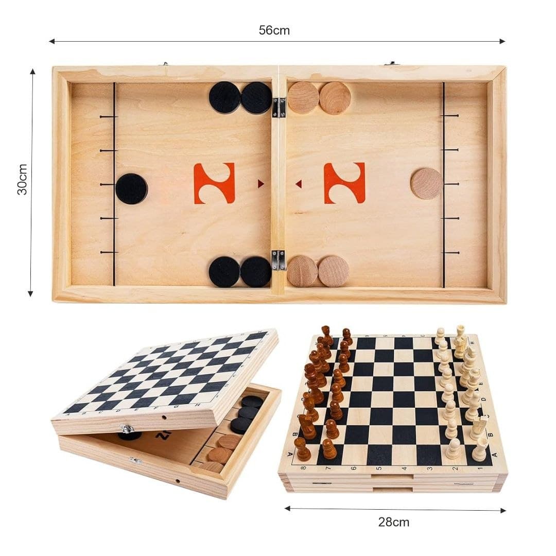 2-in-1 Wooden Game Board – Foldable Sling Puck & Chess Set thumbnail 2