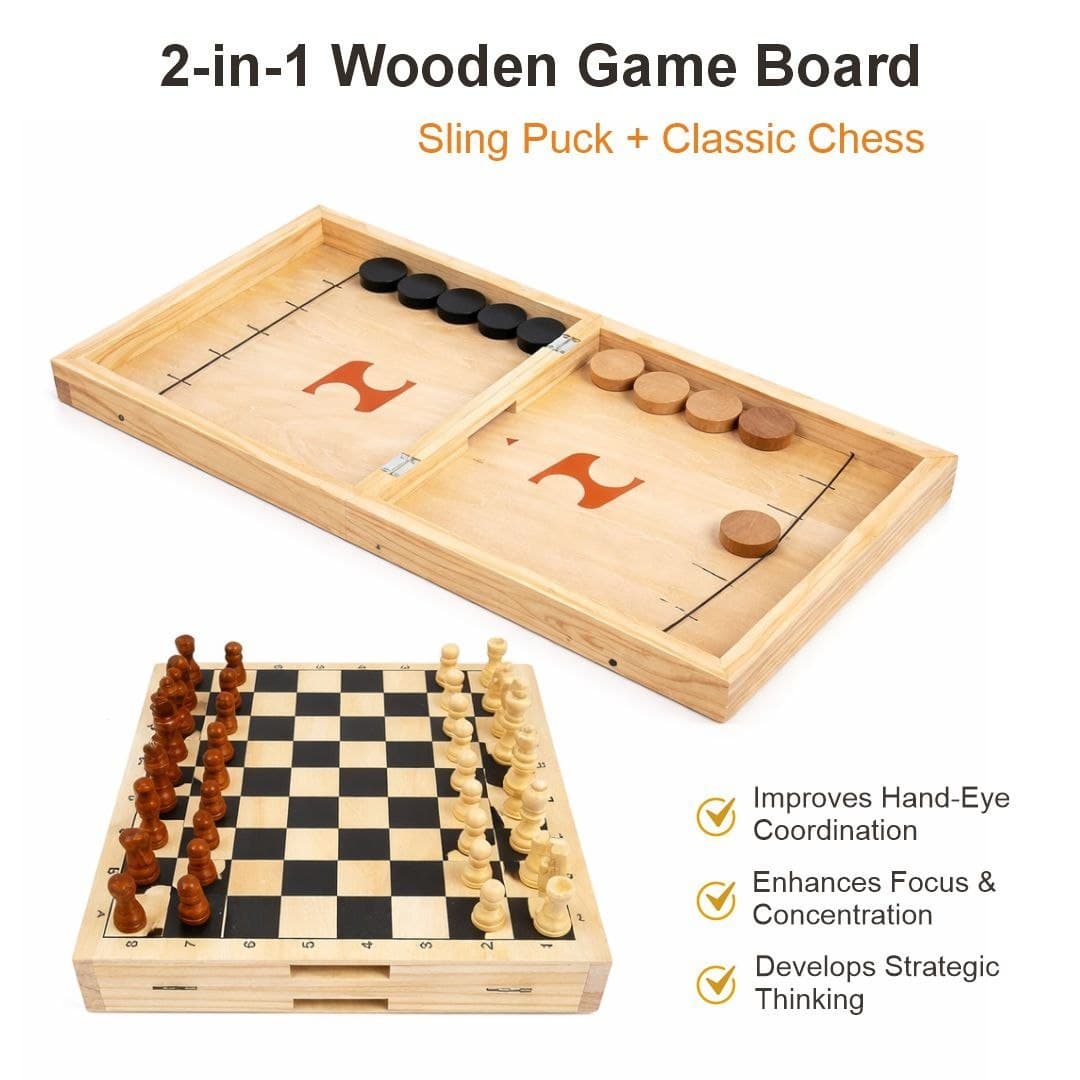 2-in-1 Wooden Game Board – Foldable Sling Puck & Chess Set thumbnail 3