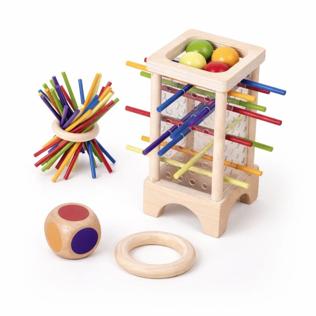 Wooden Tumble Tower Stick Game – Pull Out Sticks & Ball Drop Toy - Image 1