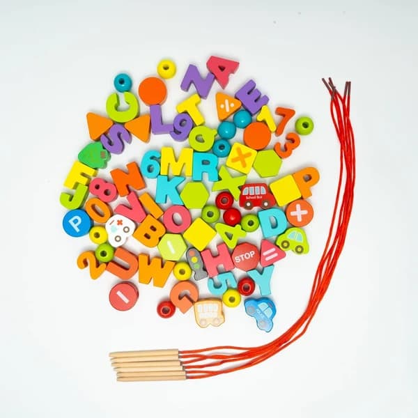 Wooden Lacing Toy Set (42 Pcs) – Alphabet, Number & Shape Threading Beads - Image 1