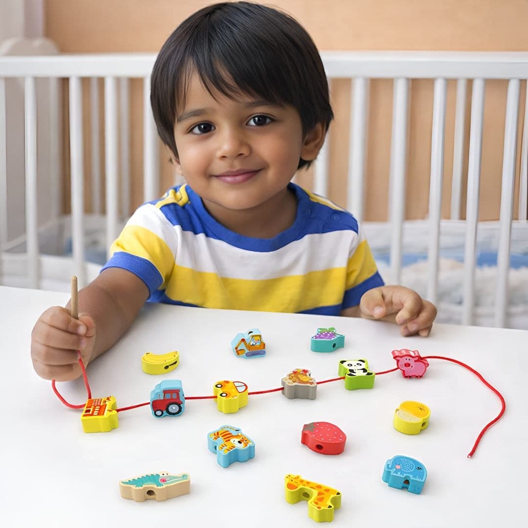 Wooden Lacing Toy Set (42 Pcs) – Alphabet, Number & Shape Threading Beads thumbnail 5