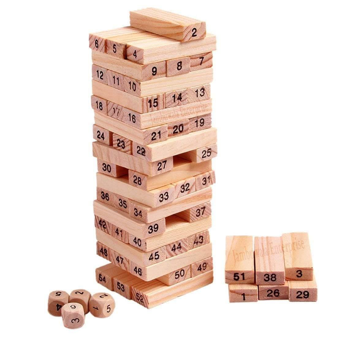 Wooden Number Tumbling Tower – 54 Piece Stacking Block Game with Dice - Image 1