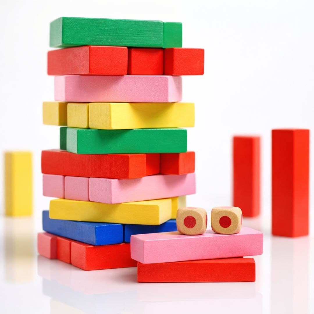 Colorful Wooden Tumbling Tower – 54 Piece Stacking Block Game with Dice thumbnail 3