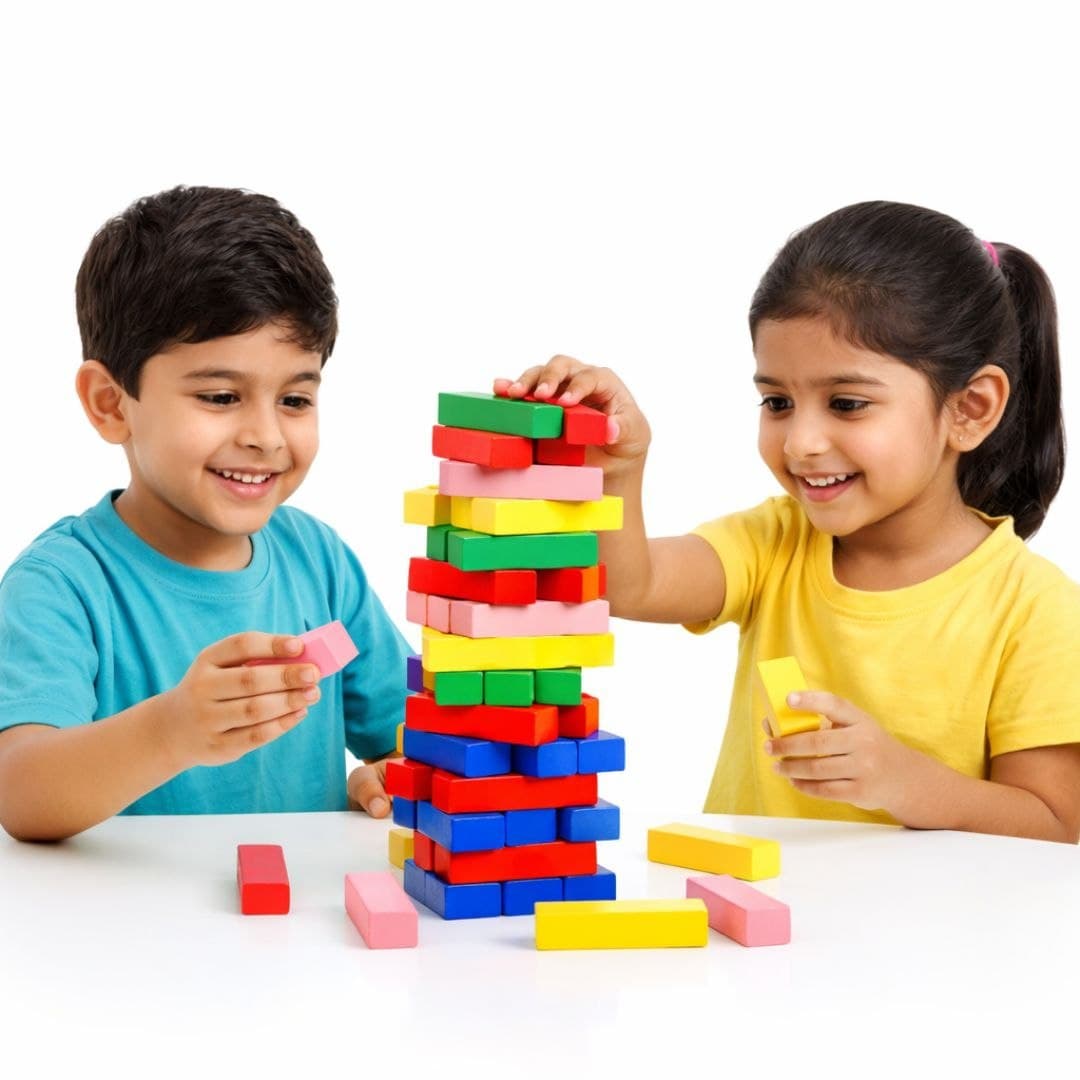 Colorful Wooden Tumbling Tower – 54 Piece Stacking Block Game with Dice thumbnail 5
