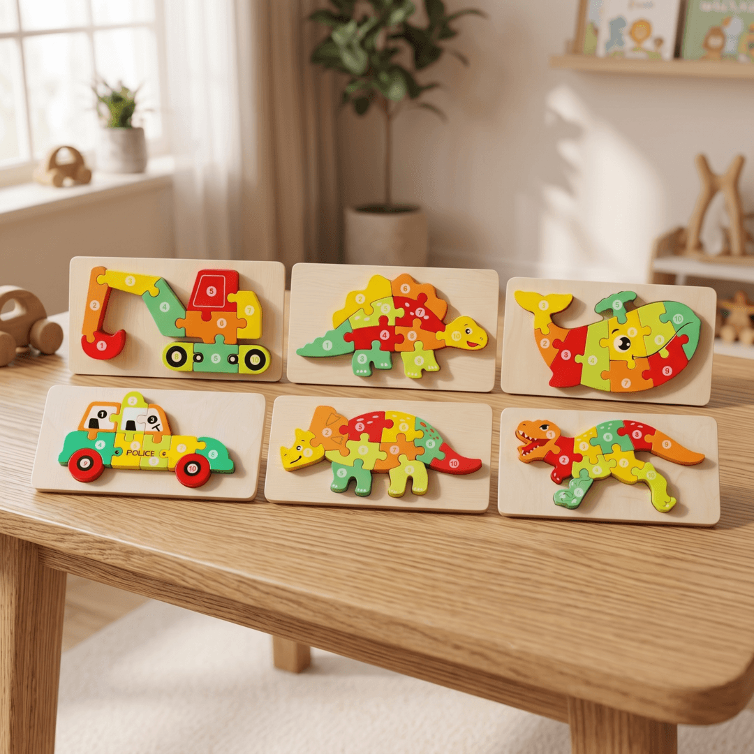 Toddler Wooden Number Puzzles: Animals & Vehicles - Image 1