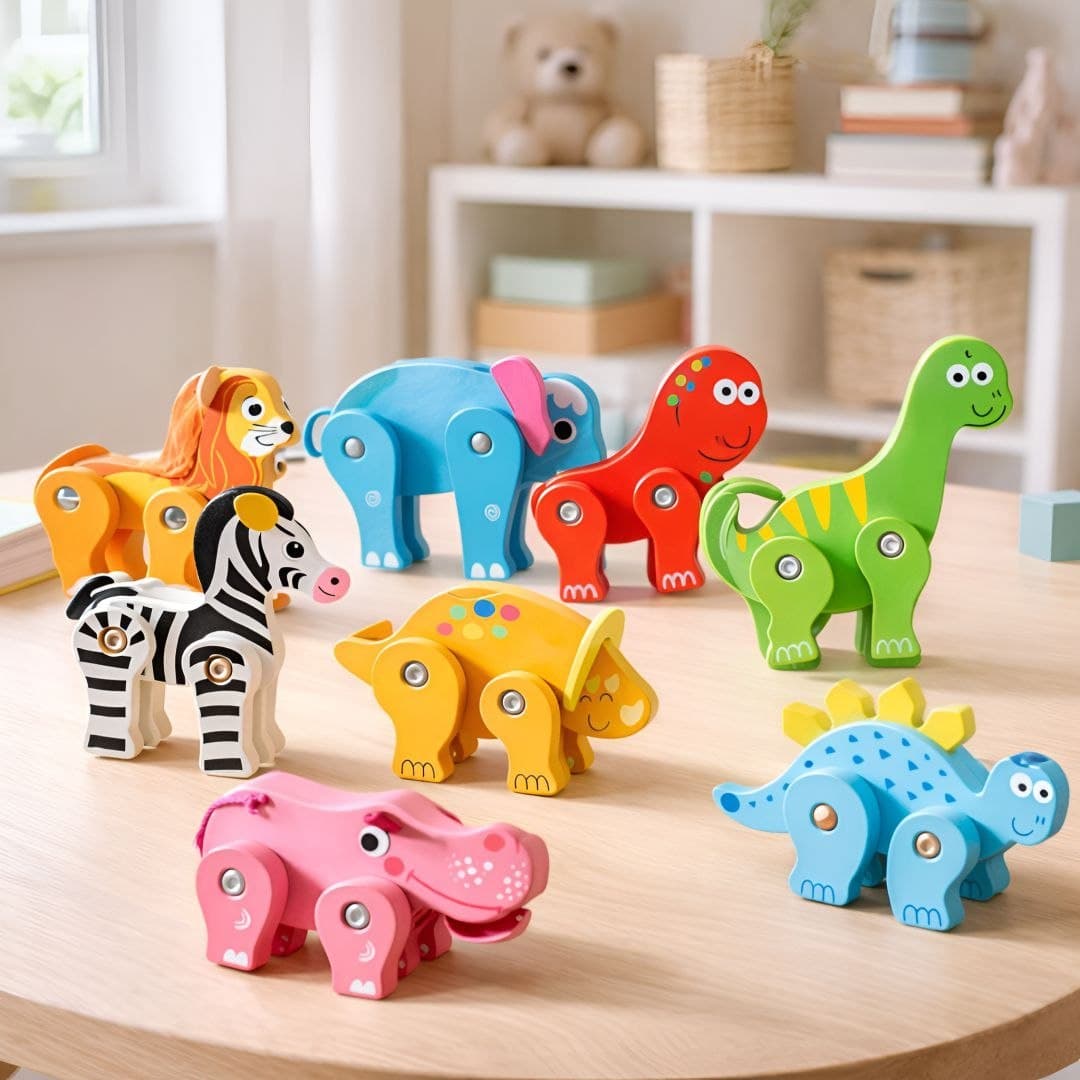 Forest Zoo Wooden Animal Figures – Jointed Safari & Dino Toy Set - Image 1