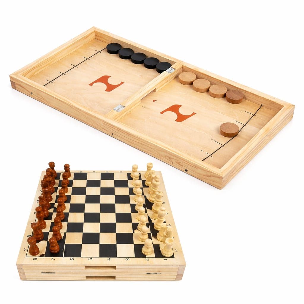 2-in-1 Wooden Game Board – Foldable Sling Puck & Chess Set - Image 1