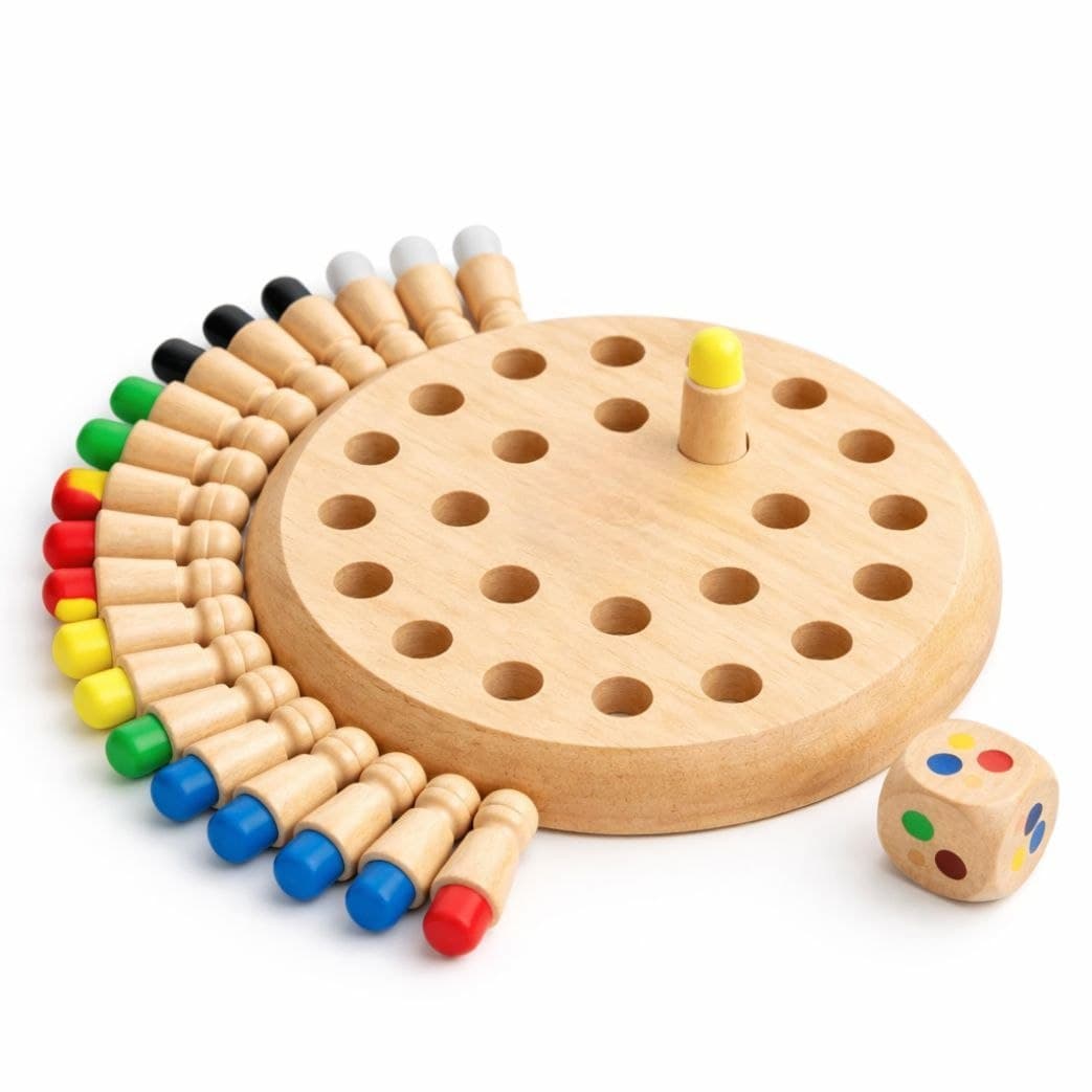 Wooden Memory Match Chess Game – Color Matching Board with Dice - Image 1