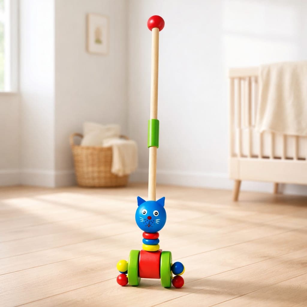 Wooden Cat Push Along Toy – Disassembling Animal Cart for Toddlers - Image 1