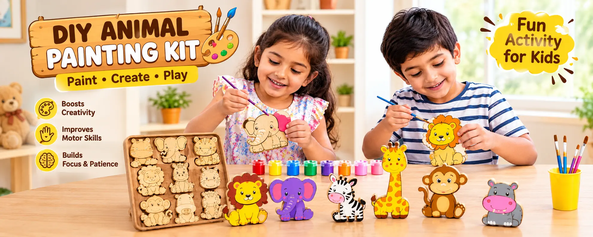 DIY wooden animal painting kit India — educational art toy for kids, paint create play