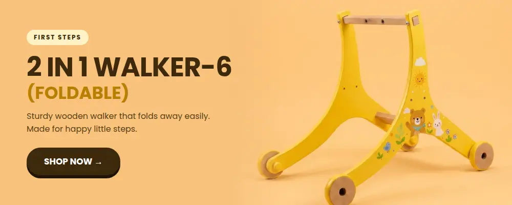 Buy 2 in 1 foldable wooden walker online India — best first-steps wooden push toy for babies